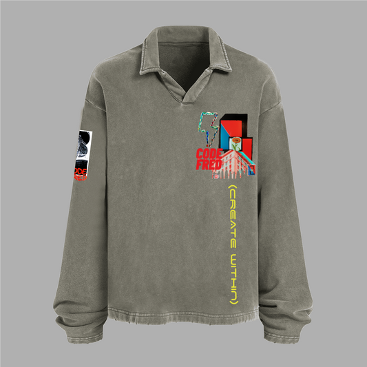 Unisex Heavyweight Washed Distressed French Terry Collared Oversized Long-Sleeve (380GSM)